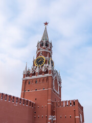 Fototapeta na wymiar MOSCOW , RUSSIA, June 10, 2022: Ruby star on the spire of the Spasskaya Tower of the Moscow Kremlin on June 10, 2022 in Moscow, Russia