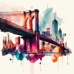 Beautiful colorful night New York. Brooklyn Bridge, watercolor. Urban landscape. Generative AI