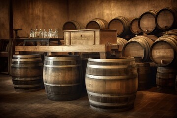 Wine Barrels Room: Capture a set of images that showcase a rustic, unique wine barrels room. Generative AI
