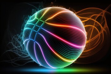 Stunning photograph of a neon basketball, where vibrant colors and dynamic lines create an electrifying atmosphere. Generative AI.