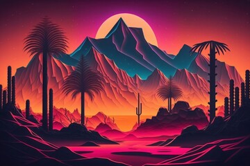 Explore a breathtaking neon mountain range at night, Generative AI.