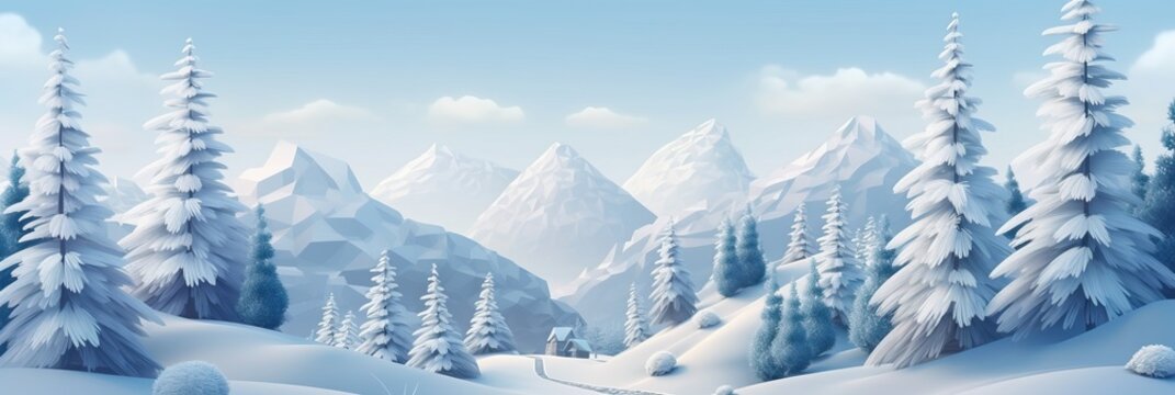 Snowy winter landscape. New Year's Christmas winter background, trees in the snow. Horizontal banner and poster, header for website. generative ai