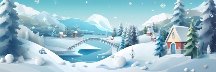 Snowy winter landscape. New Year's Christmas winter background, trees in the snow. Horizontal banner and poster, header for website. generative ai