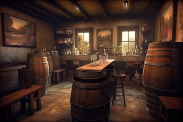 Wine Tasting Room: Capture a set of images that showcase a cozy, rustic wine tasting room. Generative AI - obrazy, fototapety, plakaty