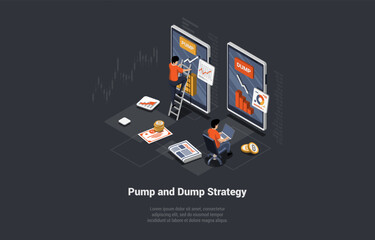 Stock Market Practice of Inflating Stock Prices to Produce Value, Dump And Pump. Man Market Maker Is Manipulating By Market And Moving Price On Stock Market Exchange. Isometric 3d Vector Illustration