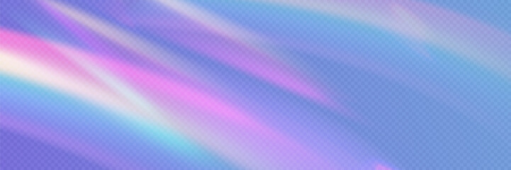 Rainbow light prism effect, transparent background. Hologram reflection, crystal flare leak shadow overlay. Vector illustration of abstract blurred iridescent light backdrop.