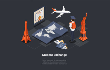 Student Exchange, Work And Travel Program. Boy Exchange Students Choosing Country For Studying Abroad Standing In Front Of Huge World Map, Plane, Statue And Diploma. Isometric 3D Vector Illustration