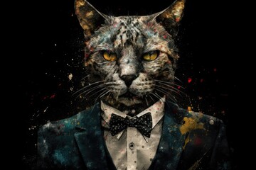 Feline in Black: A Whimsical and Playful Splatter Art Interpretation of an Anthropomorphic Cat in a Suit - AI generated