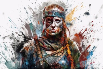 Fototapeta premium Bloodied Shieldmaiden: A Gritty and Dynamic Splatter Art Image of a Female Viking Warrior - AI generated