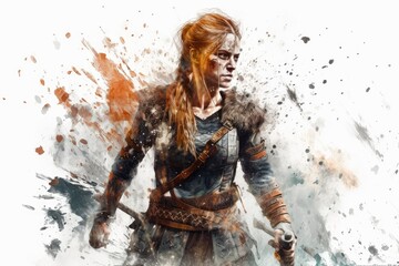 Savage Valkyrie: A Bold and Intense Splatter Art Depiction of a Female Viking Warrior - AI generated