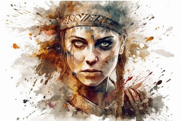 Fierce Shieldmaiden: A Powerful and Gritty Splatter Art Portrayal of a Female Viking Warrior - AI generated