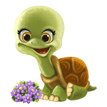 Cute cartoon little turtle sit  with flowers isolated on a white background