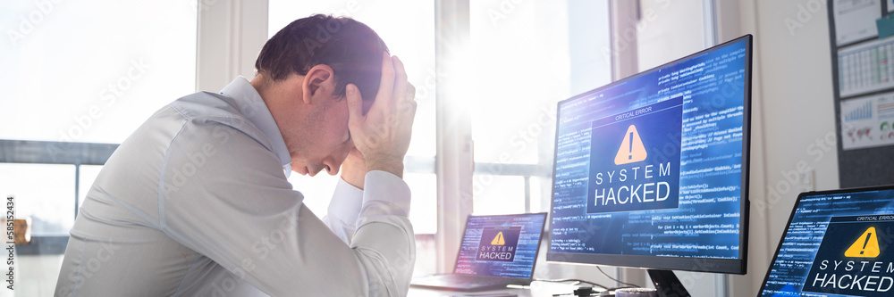 Aufkleber ransomware malware attack. business computer hacked