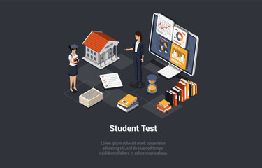 Concept Of Online Studying, Distance Online E-Learning. Student In Graduation Hat Is Listening To Teacher Or Mentor. Girl Taking An Remote Economics Course. Isometric Cartoon 3d Vector Illustration