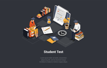 Global Education And Online Test For Admission To University Concept. Characters Students Passed Exam. Boy And Girl Filling Out Answers to Exam Test Online. Isometric 3d Cartoon Vector Illustration