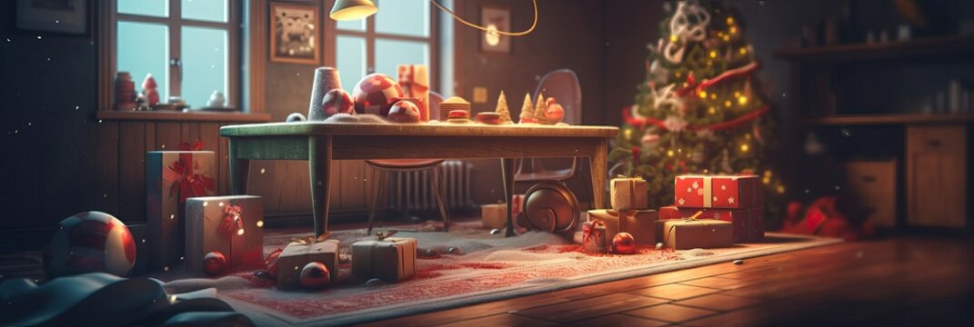 Merry Christmas and Happy new year. Christmas cozy home interior. Festive design with decorative elements. holiday season. Horizontal banner and poster, header for website. generative ai