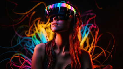 Fototapeta premium Portrait of an African-American woman in astonishment wearing a virtual reality headset. Vivid colors neon glowing HMD generative ai