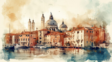 Watercolor illustration of Venice Italy - made with Generative AI - obrazy, fototapety, plakaty