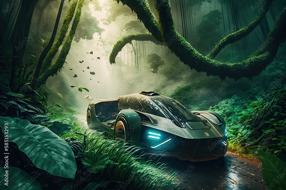 Poster futuristic car drives through lush green rainforest, with the misty clouds in the background, create