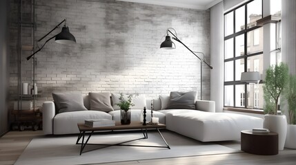 Scandinavian modern apartment condo living room with grey corner sofa and large distressed white brick wall and window mockup 