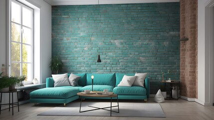 Scandinavian Chic a modern living room with turquoise couch and large blue brick all with window mockup