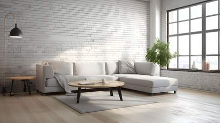 Scandinavian modern apartment condo living room with white corner sofa and large white brick wall and window mockup 