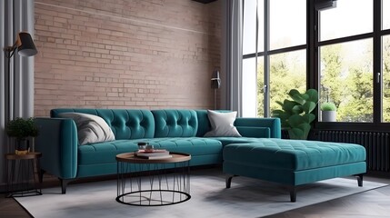 Scandinavian modern apartment condo living room with blue turquoise corner sofa and large brick wall and window mockup 