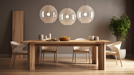 A clean and minimalist wooden dining table. The table base is themed after the solar system planets. Natural colors and lighting.