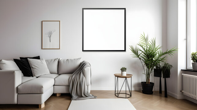 a photograph of a blank framed A2 Poster on the wall of a stylish appartment