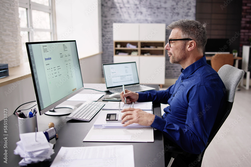 Aufkleber Accountant Using E Invoice Software At Computer