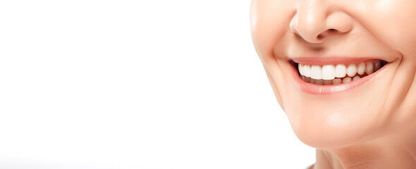 Fototapeta premium Banner tooth whitening, perfect white teeth elderly woman close up, female veneer toothy smile, dental care and stomatology, dentistry, copyspace for text. generative ai
