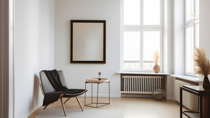 a photograph of a blank framed A2 Poster on the wall of a stylish appartment - obrazy, fototapety, plakaty