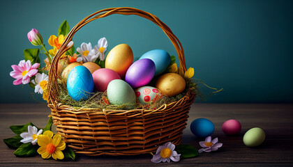 Easter eggs in basket with flowers, AI generated 