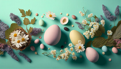 Composition easter eggs and flowers on the pastel green background, happy easter, holiday gift, AI generated