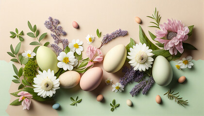 Composition easter eggs and flowers on the pastel beige  background, happy easter, holiday gift, AI generated