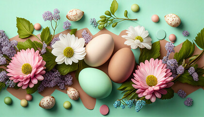 Composition easter eggs and flowers on the pastel green background, happy easter, holiday gift, AI generated