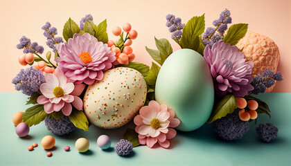 Composition easter eggs and flowers on the pastel beige  and green background, happy easter, holiday gift, AI generated