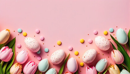 Composition tulips with easter egg and coloful candy, AI generated