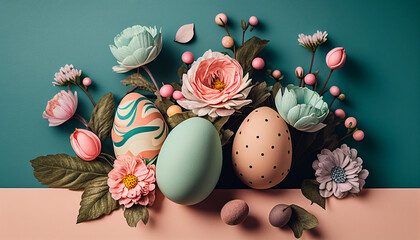 Composition easter eggs and flowers on the pastel green and pink background, happy easter, holiday gift, AI generated 