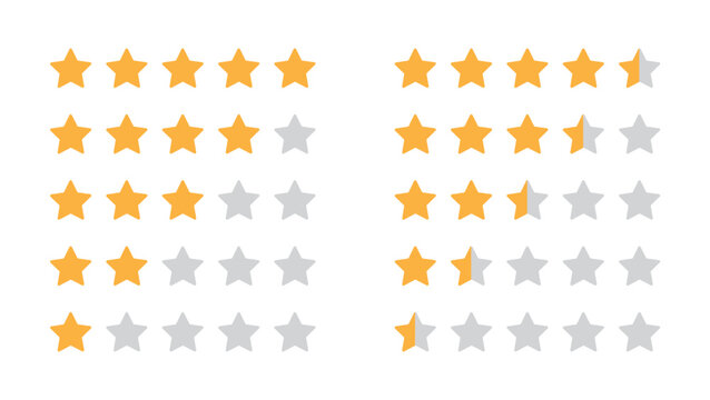 feedback icon. 5,4,3,2, and 1-star ratings or review symbols. with half starts feedback. vector illustration in yellow color.
