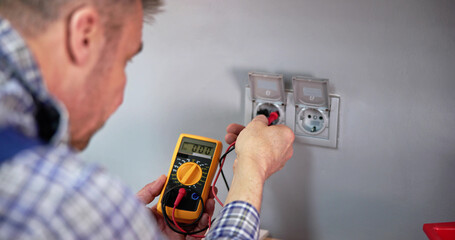 Male Electrician Checking Voltage Of Socket With Multimeter