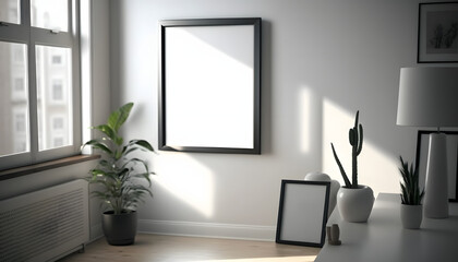 a sunny bright modern room with one black small empty picture frame, dull brownish colors, Cinematic, realstic Photoshoot, Shot on 10mm lens, Depth of Field, Tilt Blur, Shutter Speed 1/1000, F/22, Whi