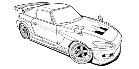 Coloring page vector line art for book and drawing. Black contour sketch illustrate Isolated on white background. High speed drive vehicle. Graphic element. Illustration car. Stroke without fill