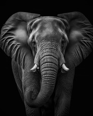 Generated photorealistic portrait of an elephant in black and white format