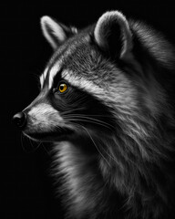 Generated photorealistic close-up profile portrait of a raccoon with yellow eyes in black and white