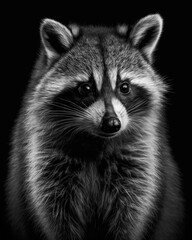Generated photorealistic portrait of a striped raccoon in black and white format