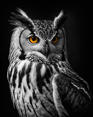 Generated photorealistic portrait of an eagle owl with yellow eyes in black and white format