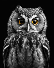 Obraz premium Generated photorealistic portrait of an owl with yellow eyes in black and white format