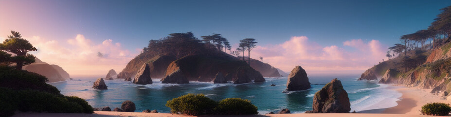 Illustration of a serene beach landscape with trees and calm waters created with Generative AI technology