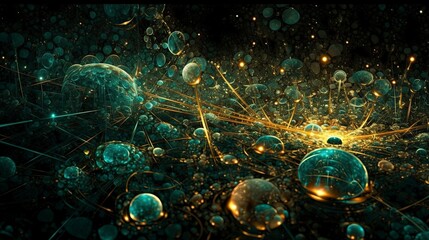 Abstract spheres moves speed light data flows systems future complexity explosion expanding dust fog particles glow green black gold